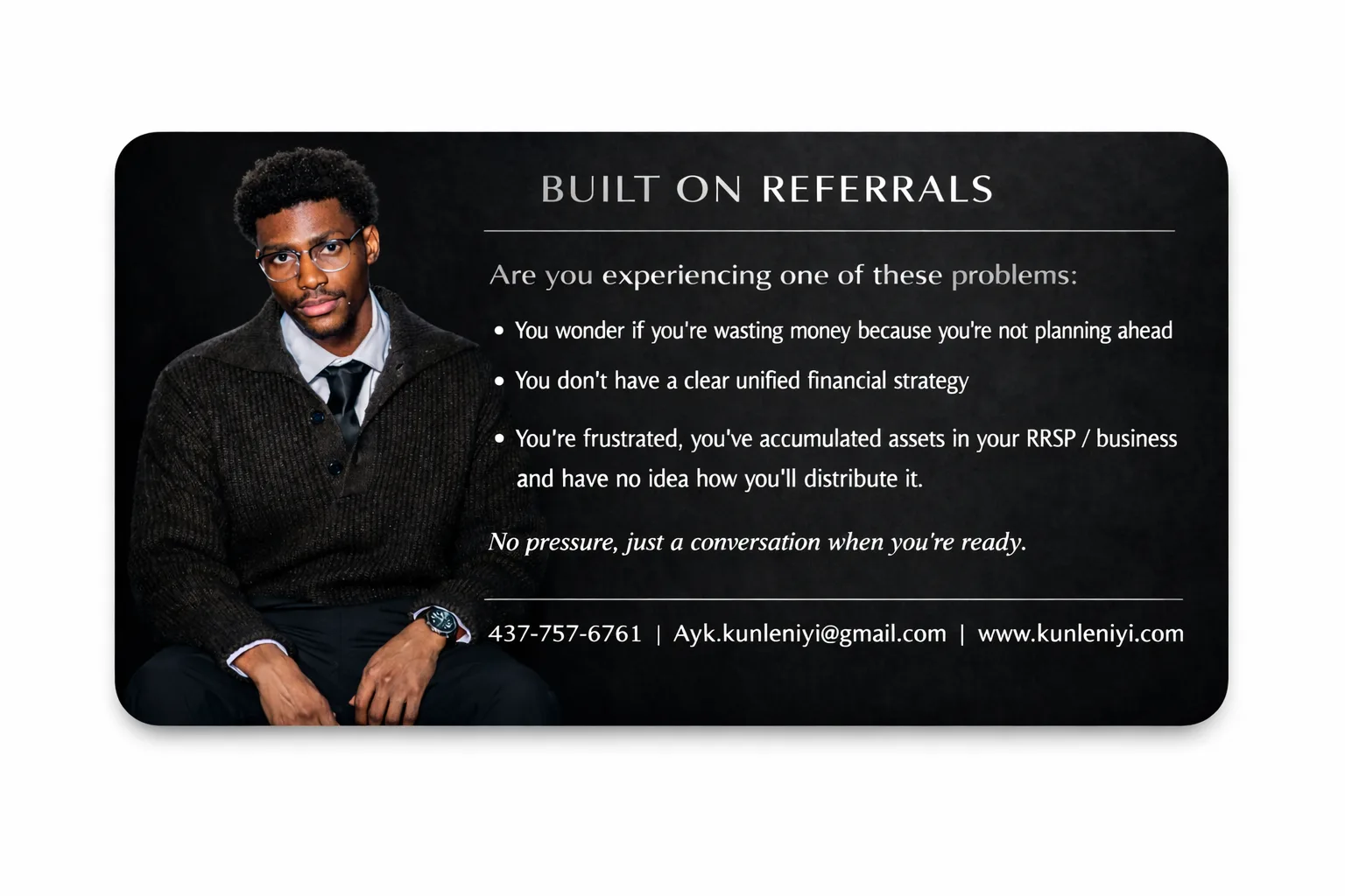 Kunle Niyi — Built on Referrals promo card